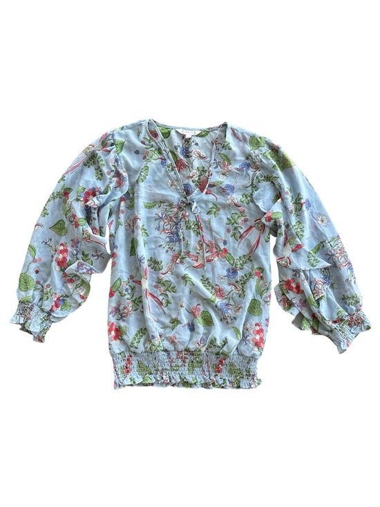 Nanette Lepore Tops - Nanette Lepore Light Blue Floral Hummingbird Ruffle Sleeve Spring Brunch Women
